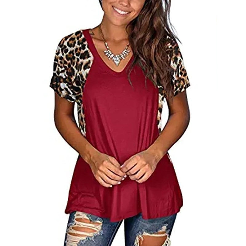 V-Neck Leopard Print Stitching Short-Sleeved T-Shirt