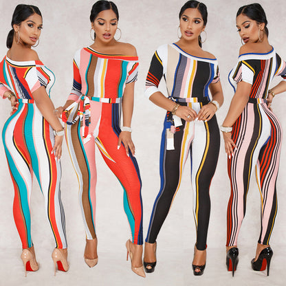 Striped sexy mid-sleeve jumpsuit