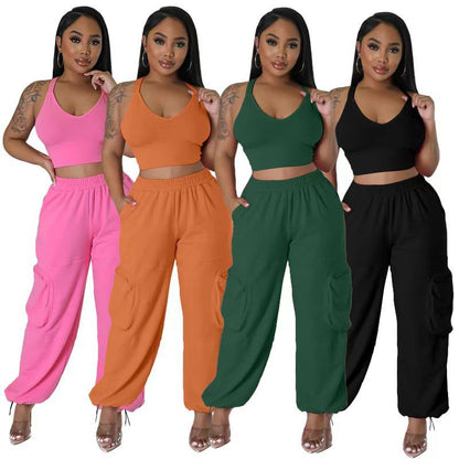 Sleeveless Vest Pocket Wide Leg Pants Casual Women's Two-piece Suit