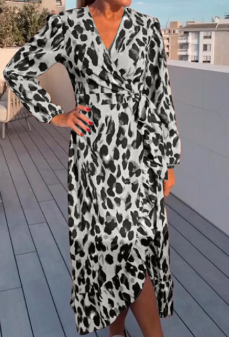 V-neck Leopard Print Long Sleeve Dress