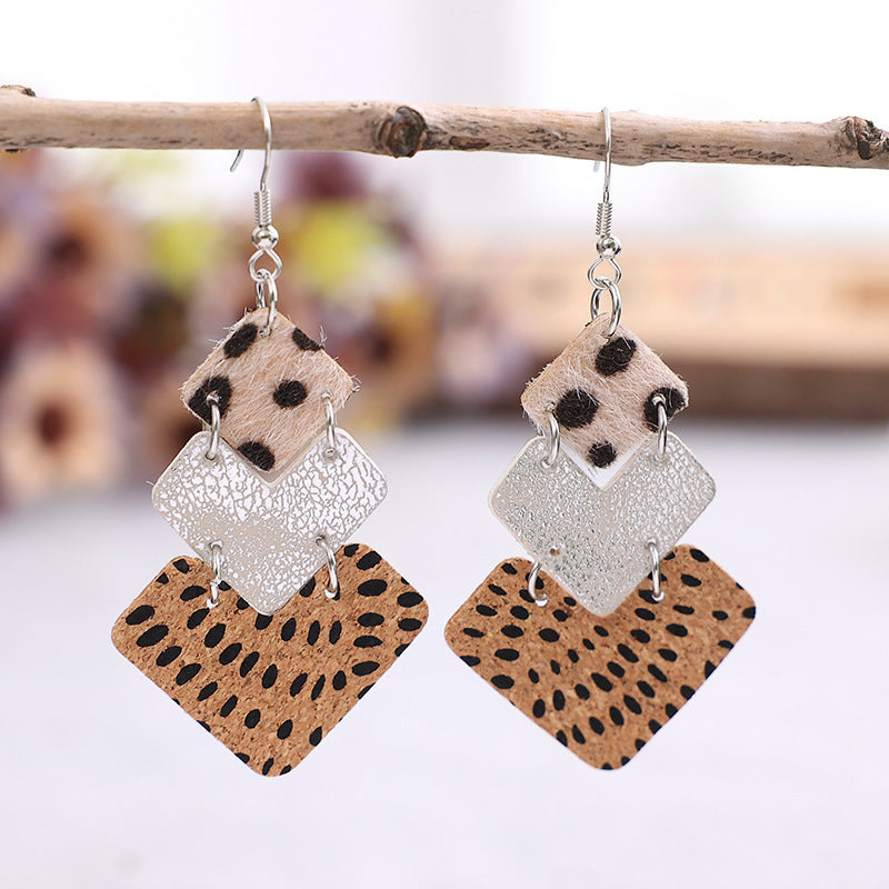 Vintage Leopard Print Stitching Leather Earrings