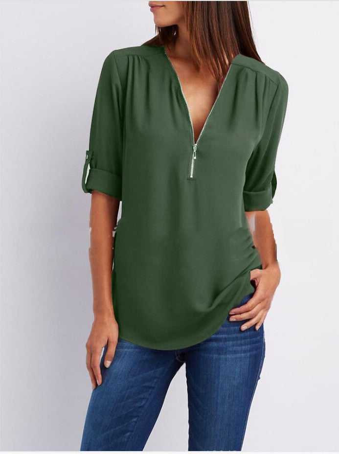 Zip V-neck Shirts Women Short Sleeve Loose Tops