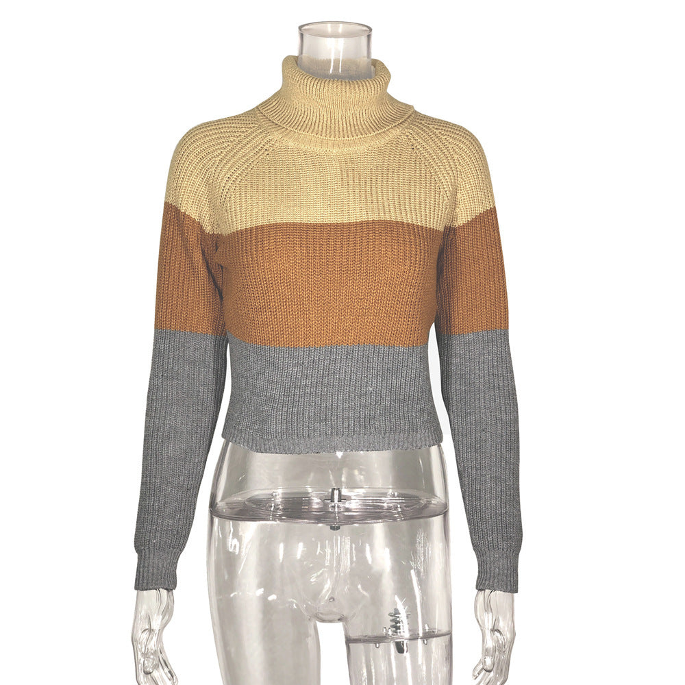 Tri-color knitted turtleneck T-shirt sweater