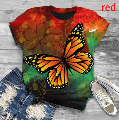 Women's Fashion Floral Butterfly Print Fitness Short-Sleeved T-Shirt Top