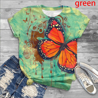 Women's Fashion Floral Butterfly Print Fitness Short-Sleeved T-Shirt Top