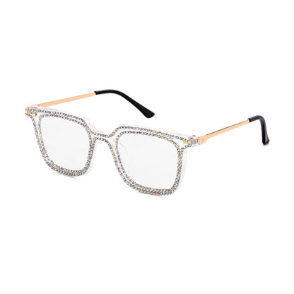 Square Point Drill Leopard Pattern Frame Diamond Sunglasses