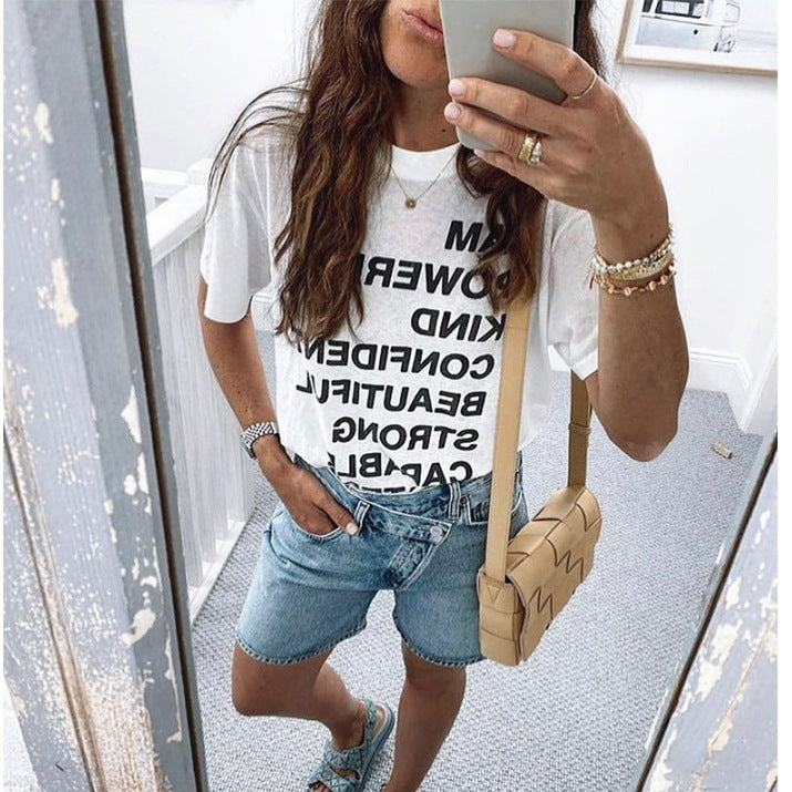 Women Shirt Letter Print O-Neck Cotton