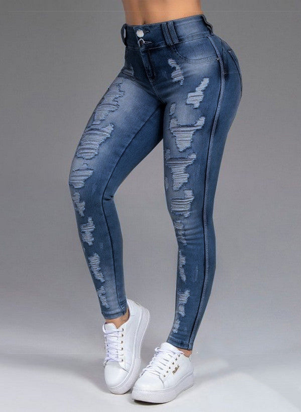 Ripped Holes Show Thin Stretch Jeans