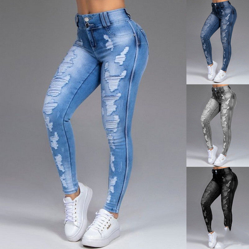 Ripped Holes Show Thin Stretch Jeans