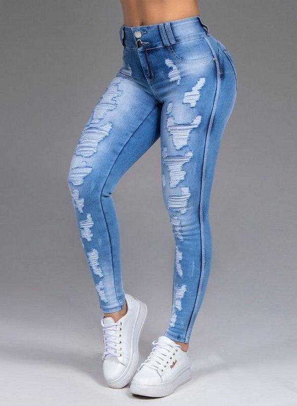 Ripped Holes Show Thin Stretch Jeans