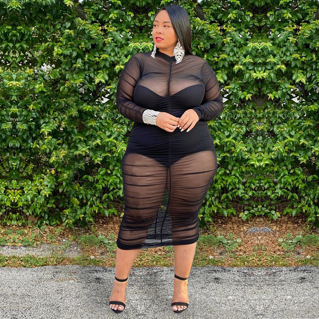 Plus Size Long Sleeve with Bodysuit Lining Sexy Mesh Bodycon Dress