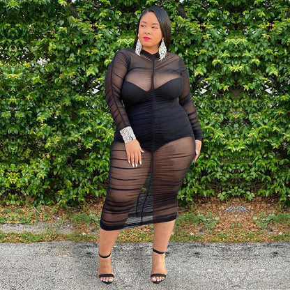 Plus Size Long Sleeve with Bodysuit Lining Sexy Mesh Bodycon Dress