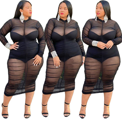 Plus Size Long Sleeve with Bodysuit Lining Sexy Mesh Bodycon Dress