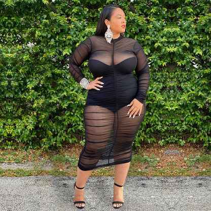 Plus Size Long Sleeve with Bodysuit Lining Sexy Mesh Bodycon Dress