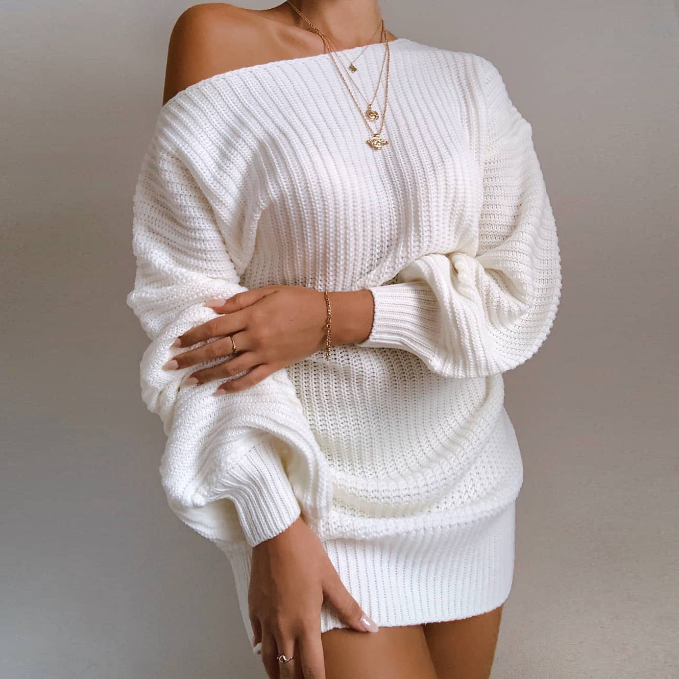 Women Off Shoulder Knitted Sweater Dress