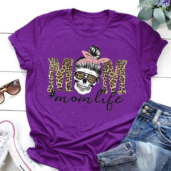 Leopard Print Mom Life Skull Print Short-Sleeved T-Shirt