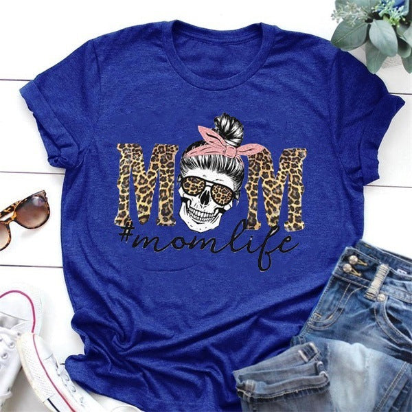 Leopard Print Mom Life Skull Print Short-Sleeved T-Shirt