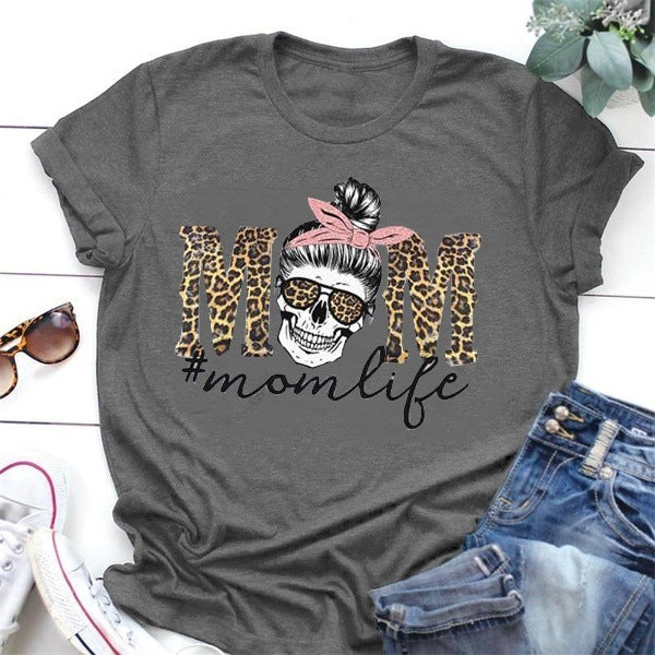 Leopard Print Mom Life Skull Print Short-Sleeved T-Shirt