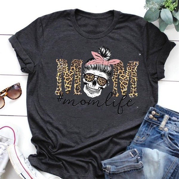 Leopard Print Mom Life Skull Print Short-Sleeved T-Shirt