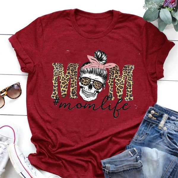 Leopard Print Mom Life Skull Print Short-Sleeved T-Shirt