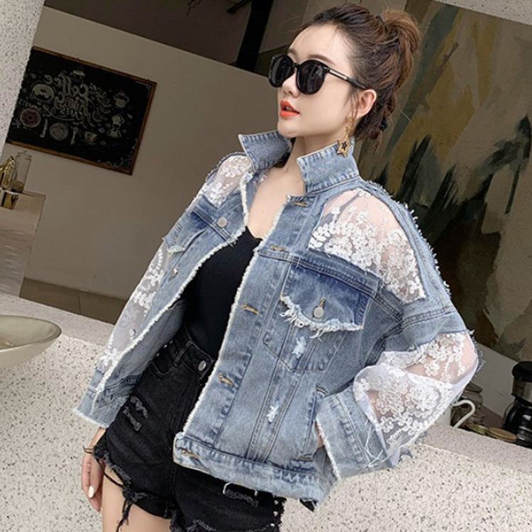 Denim Short Lace Stitching Loose Sun Protection Jacket