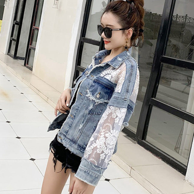 Denim Short Lace Stitching Loose Sun Protection Jacket