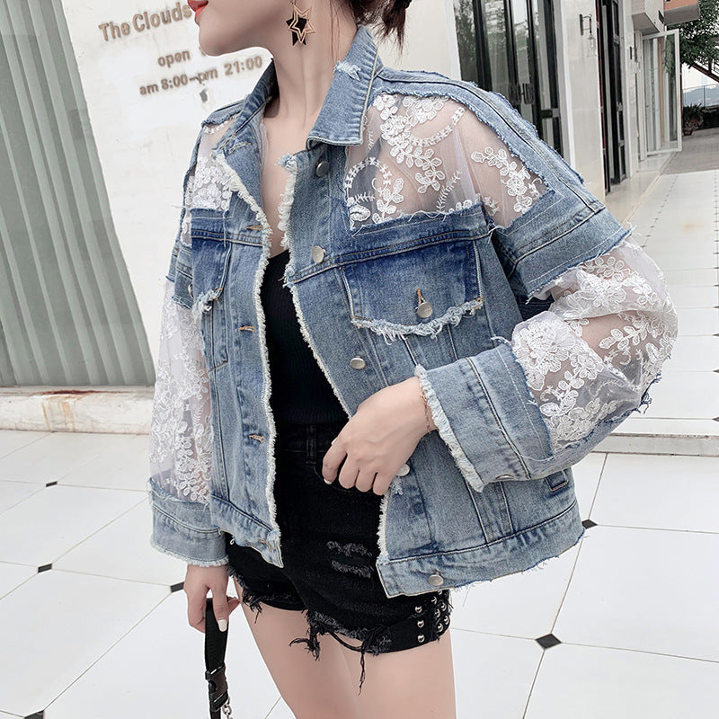 Denim Short Lace Stitching Loose Sun Protection Jacket