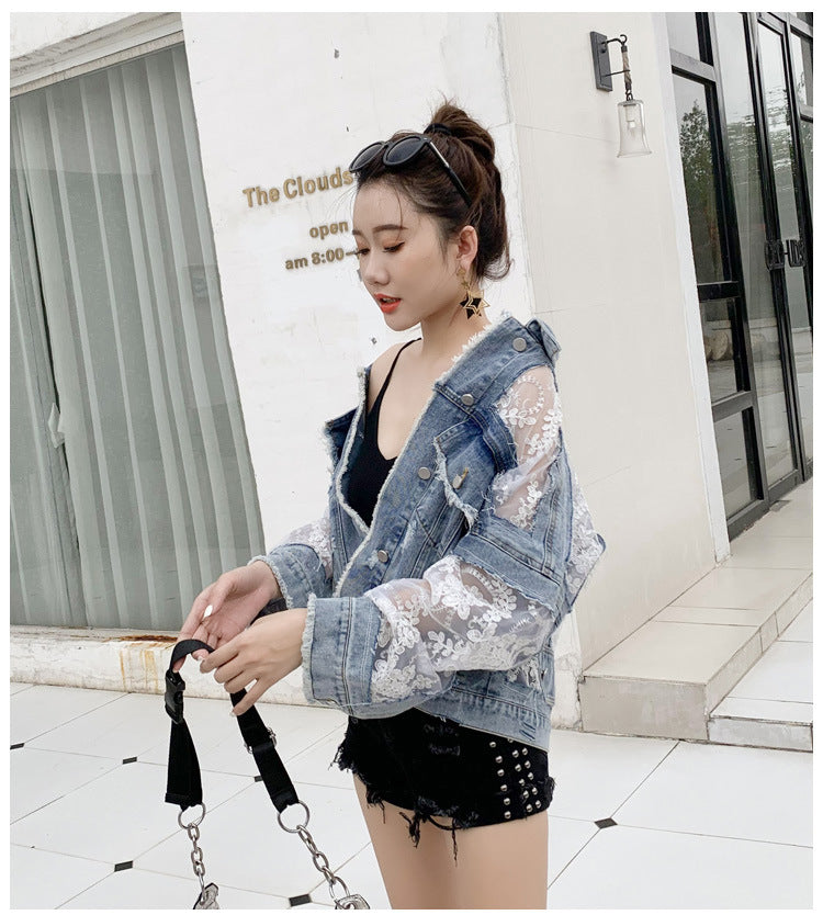 Denim Short Lace Stitching Loose Sun Protection Jacket