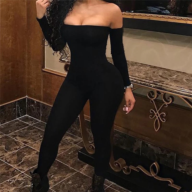 Long-Sleeved Solid Color Slim Sexy One-Shoulder Jumpsuit