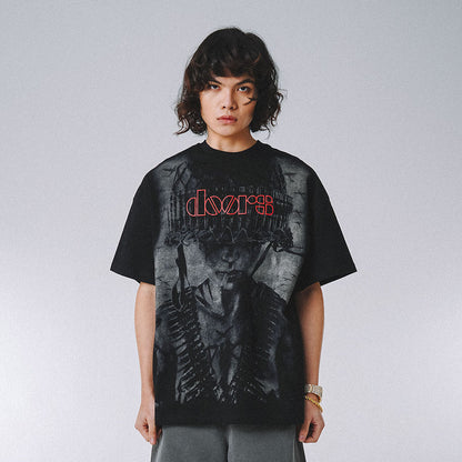 Dark Black Figure Print Short Sleeve T-Shirt