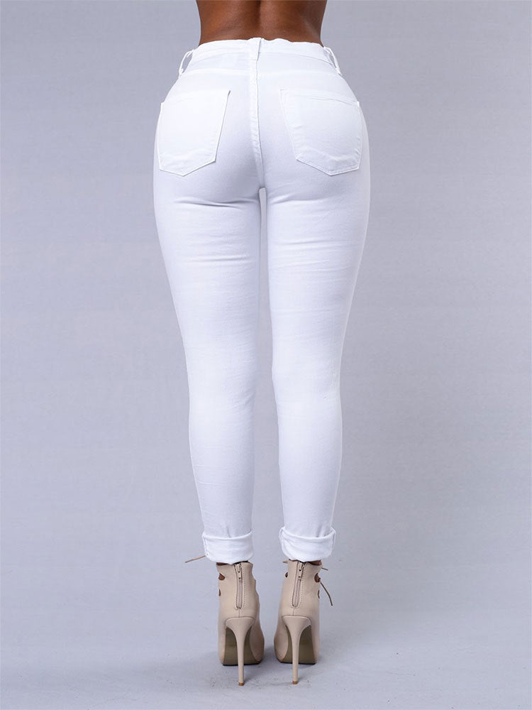 High Quality Women Casual Hole Jeans High Waist Skinny Pant Pencil Jeans Ripped Denim Jeans