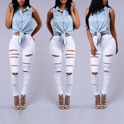 High Quality Women Casual Hole Jeans High Waist Skinny Pant Pencil Jeans Ripped Denim Jeans