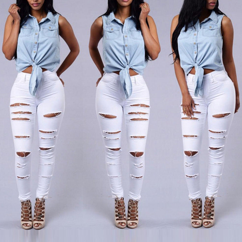 High Quality Women Casual Hole Jeans High Waist Skinny Pant Pencil Jeans Ripped Denim Jeans