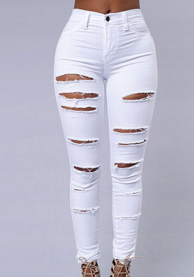 High Quality Women Casual Hole Jeans High Waist Skinny Pant Pencil Jeans Ripped Denim Jeans