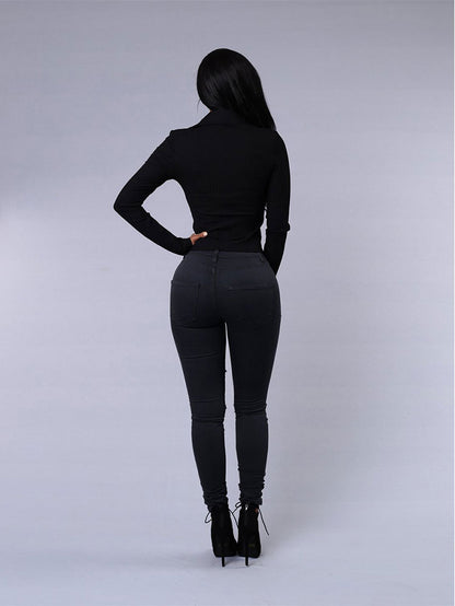 High Quality Women Casual Hole Jeans High Waist Skinny Pant Pencil Jeans Ripped Denim Jeans