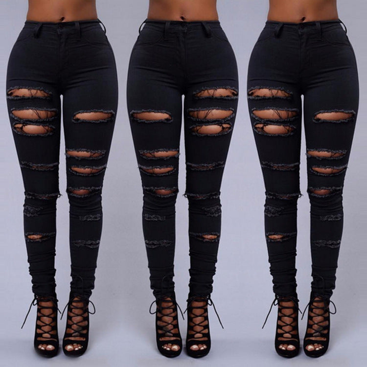 High Quality Women Casual Hole Jeans High Waist Skinny Pant Pencil Jeans Ripped Denim Jeans