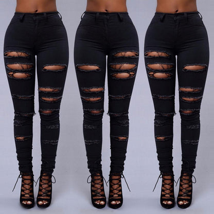 High Quality Women Casual Hole Jeans High Waist Skinny Pant Pencil Jeans Ripped Denim Jeans