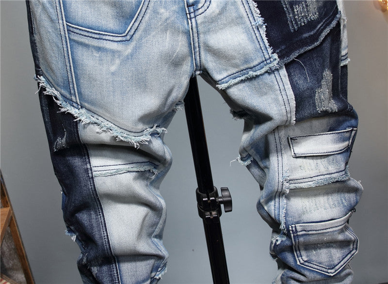 Stitching Color-blocking Stretch-footed Men's Jeans