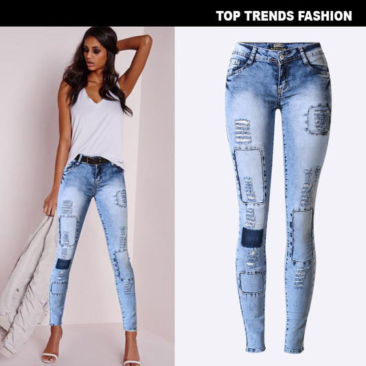 Low Waist Sky Blue Patchwork Skinny Tights Pencil Jeans High Stretch Denim