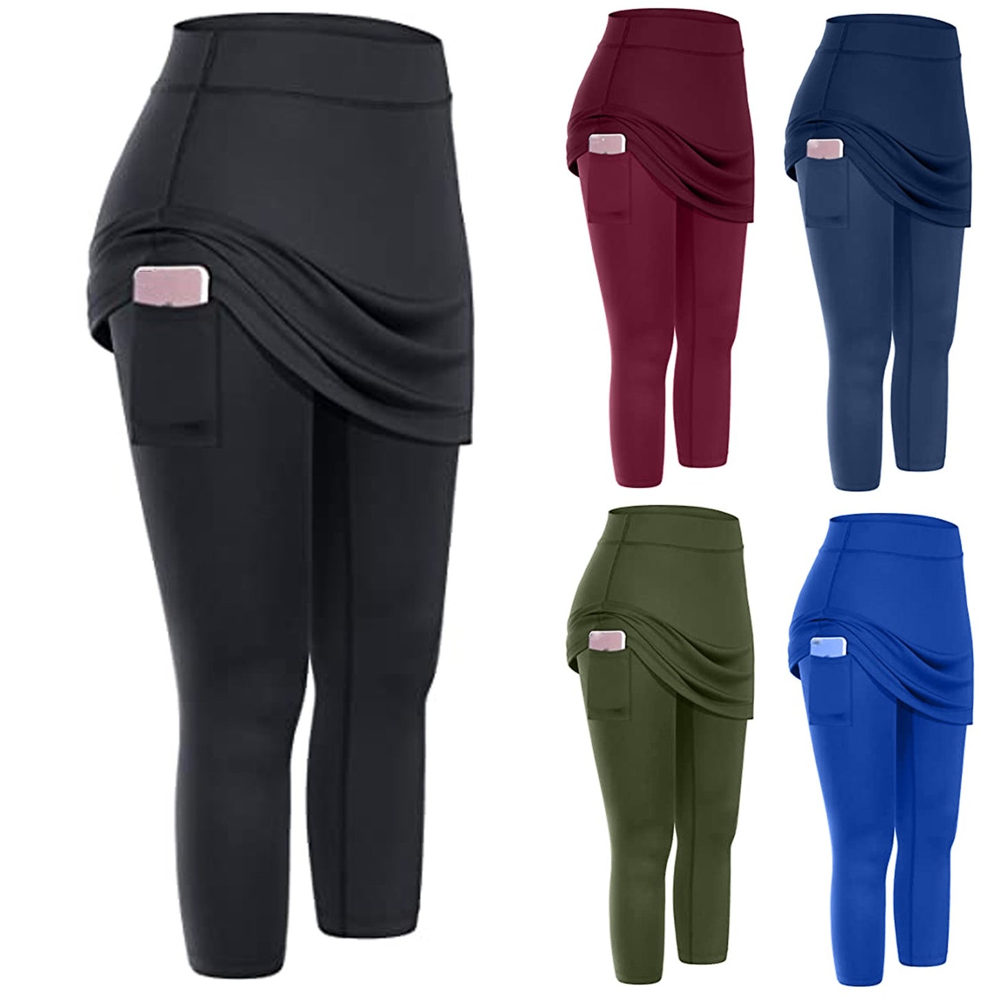 Women Tennis Skirted Pockets Elastic Sports Yoga Capris Skirts Legging