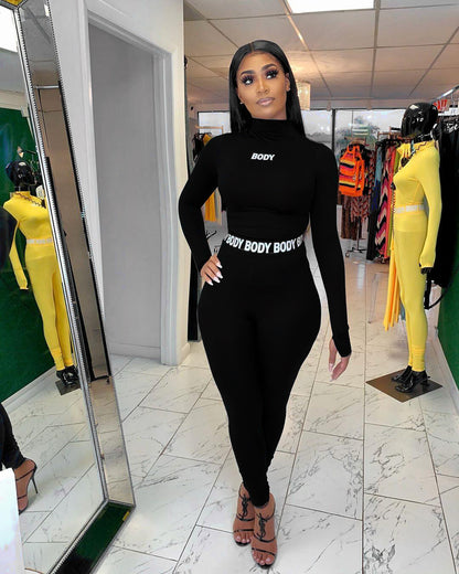 Solid Color Tight Long Sleeve Two Piece Suit