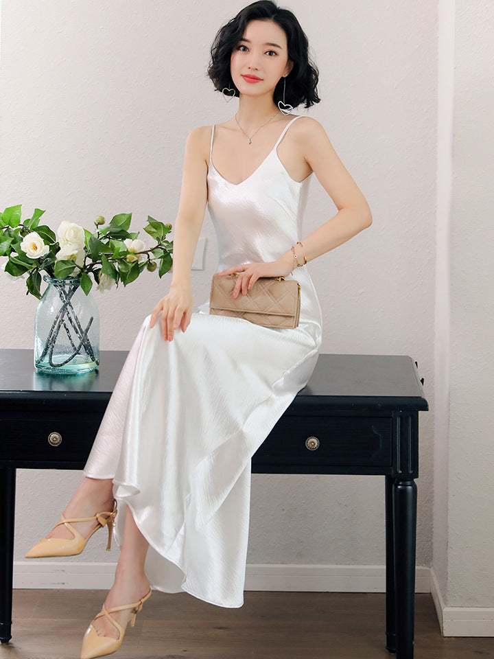 Spaghetti Strap Vintage Gold White Silk Sexy Maxi Dress