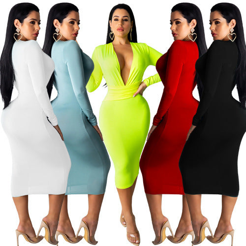 Fashion Deep V Neck Hip Dress Long Sleeve Dress