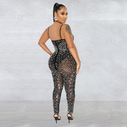 Pure Color Mesh Rhinestone Sleeveless Trousers Jumpsuit