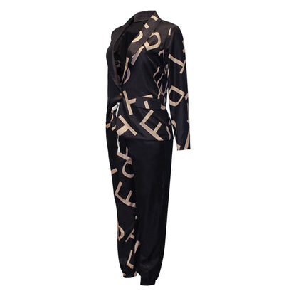 Women's Fashionable Printed Long-sleeved Lapel Casual Suit