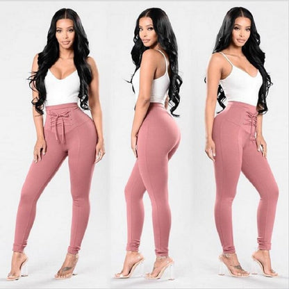 High Waist Sweatpants Lace up Long Pink Stretch Pencil Pants