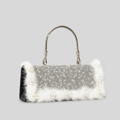 New Ostrich Fur Pearl Rhinestone Bag