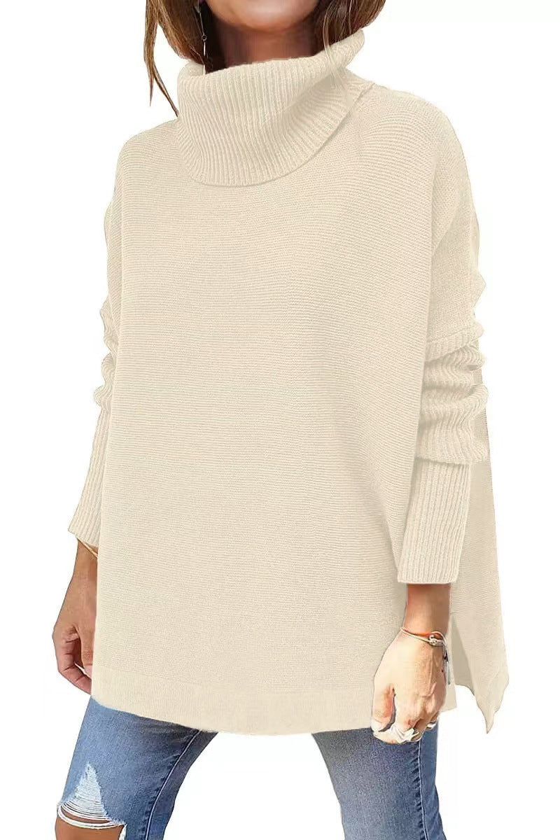 Turtleneck Sweater Mid Length Batwing Sleeve Slit Hem Tunic Pullover Sweaters