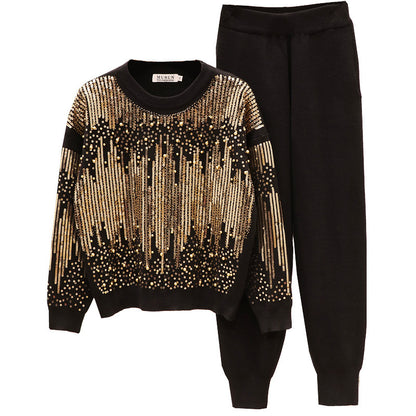 Sequined Beaded Long Sleeve Knitwear Casual Pants Set