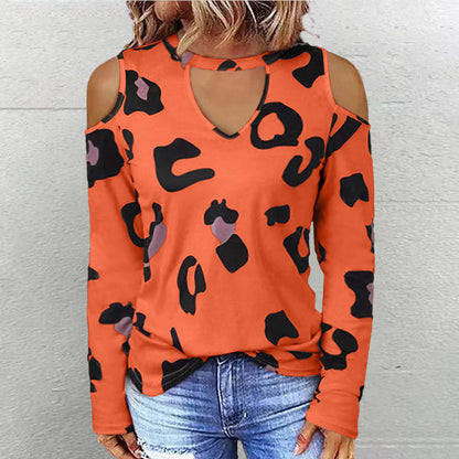 Women's Fashion Casual Printing Off-shoulder Loose Long-sleeved T-shirt